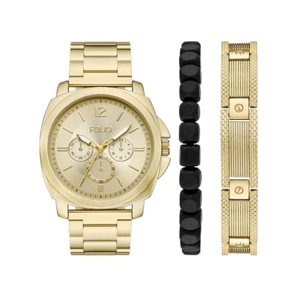 Folio Men Three-Hand Gold-Tone Watch with bracelets